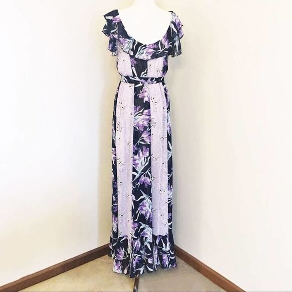 Anthropologie Foxiedox floral print off shoulder maxi dress purple Small NEW - Picture 3 of 9